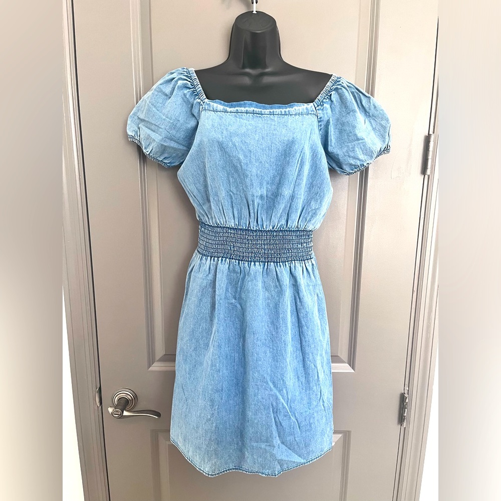 NEW GLORY Denim Dress with elastic Ruching waist, off shoulder Size Medium